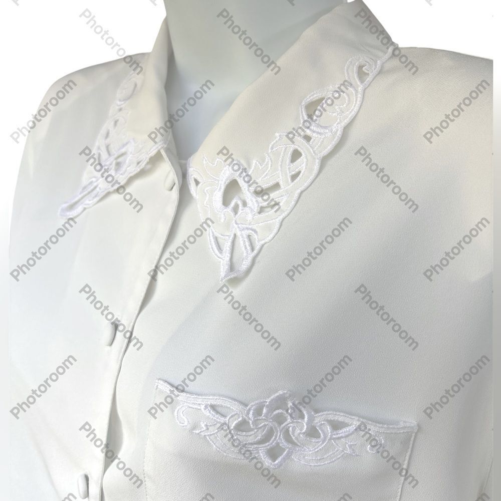 Vintage 1980s Cream Embroidered Collar Short Sleeve Button Up Blouse - 14 XL